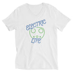 Tesla inspired apparel. EV car charger. Electric Life image centered on v-neck t-shirt.