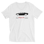 Tesla inspired apparel. Elon Musk quote. Cybertruck. Just Fix It In Post image centered on v-neck t-shirt.