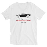 Tesla inspired apparel. Cybertruck. Apocalypse Near You image centered on v-neck t-shirt.