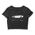 Tesla inspired apparel. Elon Musk quote. Cybertruck. Just Fix It In Post image centered on cropped t-shirt.