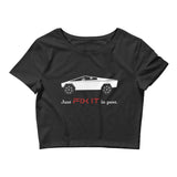 Tesla inspired apparel. Elon Musk quote. Cybertruck. Just Fix It In Post image centered on cropped t-shirt.