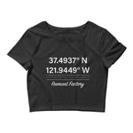 Tesla inspired apparel. Fremont Gigafactory GPS coordinates. Birthplace Fremont image centered on cropped t-shirt.