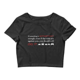 Tesla inspired apparel. Elon Musk quote. Against All Odds image centered on black cropped t-shirt.