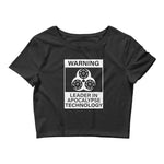 Tesla inspired apparel. Elon Musk quote. Cybertruck. Leader In Apocalypse Technology image centered on cropped t-shirt.