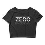 Tesla inspired apparel. EV no emissions. Electric Vehicle Car. Zero Emissions image centered on cropped t-shirt.