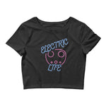 Tesla inspired apparel. EV car charger. Electric Life image centered on cropped t-shirt.