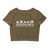 Tesla inspired apparel.  Elon Musk missing deadlines since day one. Deadlines image centered on cropped t-shirt.