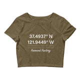 Tesla inspired apparel. Fremont Gigafactory GPS coordinates. Birthplace Fremont image centered on cropped t-shirt.