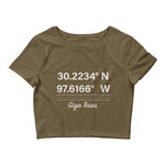 Tesla inspired apparel. Texas Gigafactory GPS coordinates. Birthplace Texas image centered on cropped t-shirt.