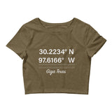 Tesla inspired apparel. Texas Gigafactory GPS coordinates. Birthplace Texas image centered on cropped t-shirt.