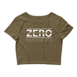 Tesla inspired apparel. EV no emissions. Electric Vehicle Car. Zero Emissions image centered on cropped t-shirt.