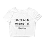 Tesla inspired apparel. Texas Gigafactory GPS coordinates. Birthplace Texas image centered on cropped t-shirt.