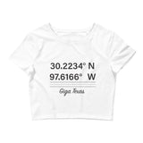 Tesla inspired apparel. Texas Gigafactory GPS coordinates. Birthplace Texas image centered on cropped t-shirt.