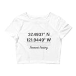 Tesla inspired apparel. Fremont Gigafactory GPS coordinates. Birthplace Fremont image centered on cropped t-shirt.