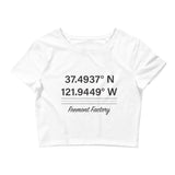 Tesla inspired apparel. Fremont Gigafactory GPS coordinates. Birthplace Fremont image centered on cropped t-shirt.