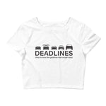 Tesla inspired apparel.  Elon Musk missing deadlines since day one. Deadlines image centered on cropped t-shirt.