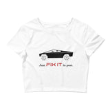 Tesla inspired apparel. Elon Musk quote. Cybertruck. Just Fix It In Post image centered on cropped t-shirt.