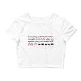 Tesla inspired apparel. Elon Musk quote. Against All Odds image centered on white cropped t-shirt.