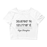 Tesla inspired apparel. Shanghai Gigafactory GPS coordinates. Birthplace Shanghai image centered on cropped t-shirt.