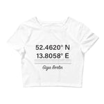 Tesla inspired apparel. Berlin Gigafactory GPS coordinates. Birthplace Berlin image centered on cropped t-shirt.