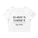 Tesla inspired apparel. Berlin Gigafactory GPS coordinates. Birthplace Berlin image centered on cropped t-shirt.