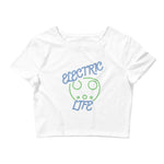 Tesla inspired apparel. EV car charger. Electric Life image centered on cropped t-shirt.