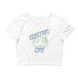 Tesla inspired apparel. EV car charger. Electric Life image centered on cropped t-shirt.