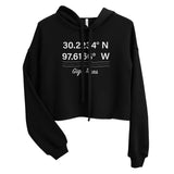 Tesla inspired apparel. Texas Gigafactory GPS coordinates. Birthplace Texas image centered on cropped hoodie.