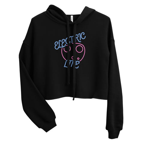 Tesla inspired apparel. EV car charger. Electric Life image centered on cropped hoodie.