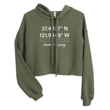 Tesla inspired apparel. Fremont Gigafactory GPS coordinates. Birthplace Fremont image centered on cropped hoodie.