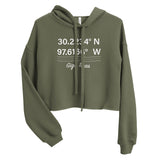 Tesla inspired apparel. Texas Gigafactory GPS coordinates. Birthplace Texas image centered on cropped hoodie.