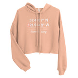 Tesla inspired apparel. Fremont Gigafactory GPS coordinates. Birthplace Fremont image centered on cropped hoodie.