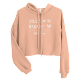 Tesla inspired apparel. Texas Gigafactory GPS coordinates. Birthplace Texas image centered on cropped hoodie.