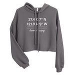 Tesla inspired apparel. Fremont Gigafactory GPS coordinates. Birthplace Fremont image centered on cropped hoodie.