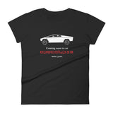 Tesla inspired apparel. Cybertruck. Apocalypse Near You image centered on fitted t-shirt.