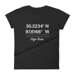 Tesla inspired apparel. Texas Gigafactory GPS coordinates. Birthplace Texas image centered on fitted t-shirt.