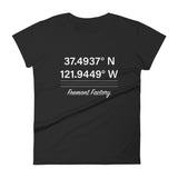 Tesla inspired apparel. Fremont Gigafactory GPS coordinates. Birthplace Fremont image centered on fitted t-shirt.