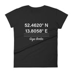 Tesla inspired apparel. Berlin Gigafactory GPS coordinates. Birthplace Berlin image centered on fitted t-shirt.