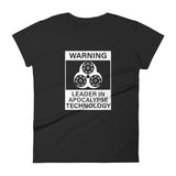 Tesla inspired apparel. Elon Musk quote. Cybertruck. Leader In Apocalypse Technology image centered on fitted t-shirt.