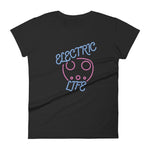 Tesla inspired apparel. EV car charger. Electric Life image centered on fitted t-shirt.