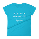 Tesla inspired apparel. Texas Gigafactory GPS coordinates. Birthplace Texas image centered on fitted t-shirt.