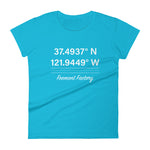 Tesla inspired apparel. Fremont Gigafactory GPS coordinates. Birthplace Fremont image centered on fitted t-shirt.