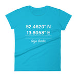 Tesla inspired apparel. Berlin Gigafactory GPS coordinates. Birthplace Berlin image centered on fitted t-shirt.