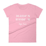 Tesla inspired apparel. Texas Gigafactory GPS coordinates. Birthplace Texas image centered on fitted t-shirt.