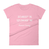 Tesla inspired apparel. Fremont Gigafactory GPS coordinates. Birthplace Fremont image centered on fitted t-shirt.