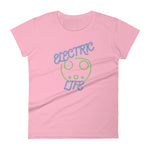 Tesla inspired apparel. EV car charger. Electric Life image centered on fitted t-shirt.