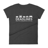 Tesla inspired apparel.  Elon Musk missing deadlines since day one. Deadlines image centered on fitted t-shirt.