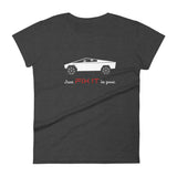 Tesla inspired apparel. Elon Musk quote. Cybertruck. Just Fix It In Post image centered on fitted t-shirt.