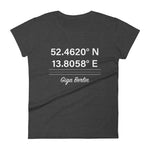 Tesla inspired apparel. Berlin Gigafactory GPS coordinates. Birthplace Berlin image centered on fitted t-shirt.