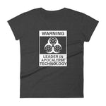 Tesla inspired apparel. Elon Musk quote. Cybertruck. Leader In Apocalypse Technology image centered on fitted t-shirt.